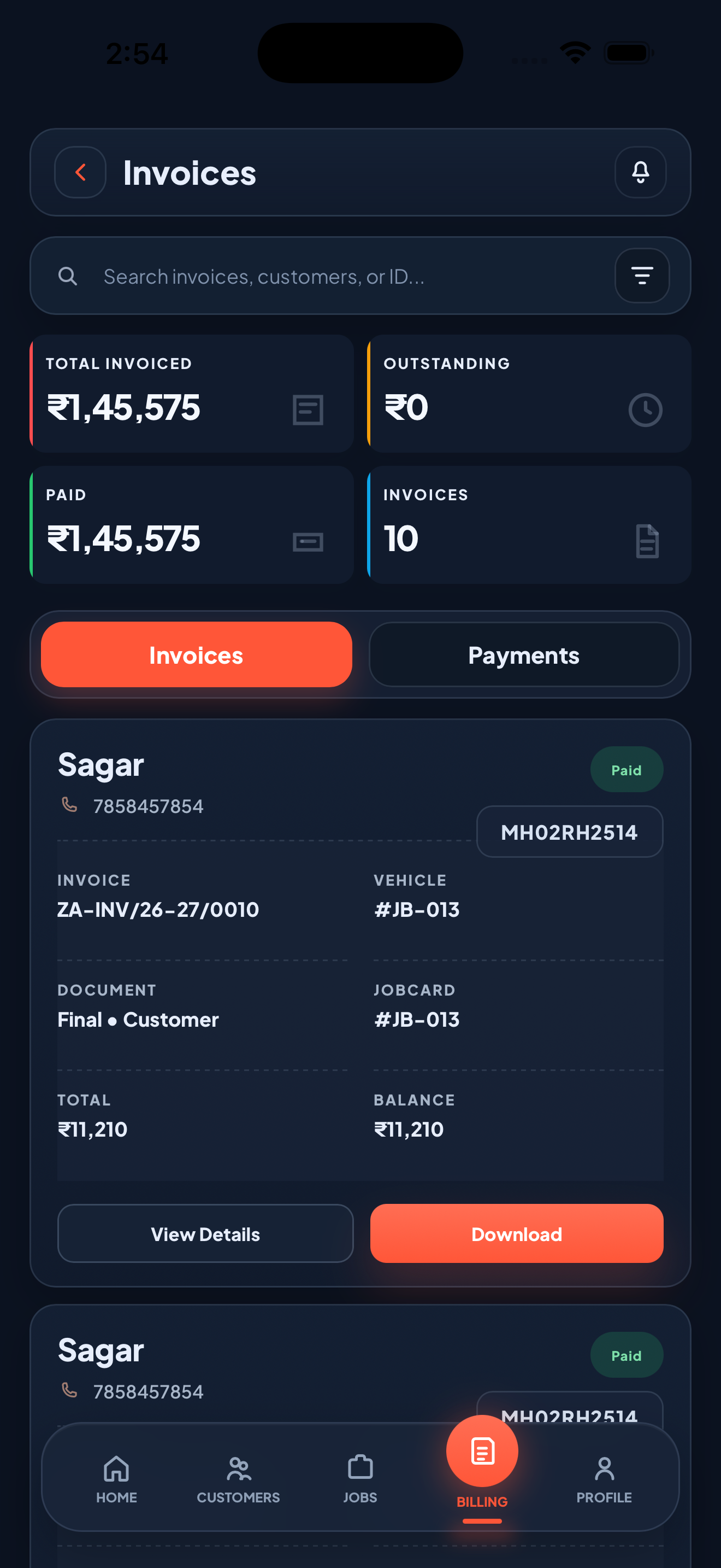Zilauto partner app invoices and payment tracking in dark mode